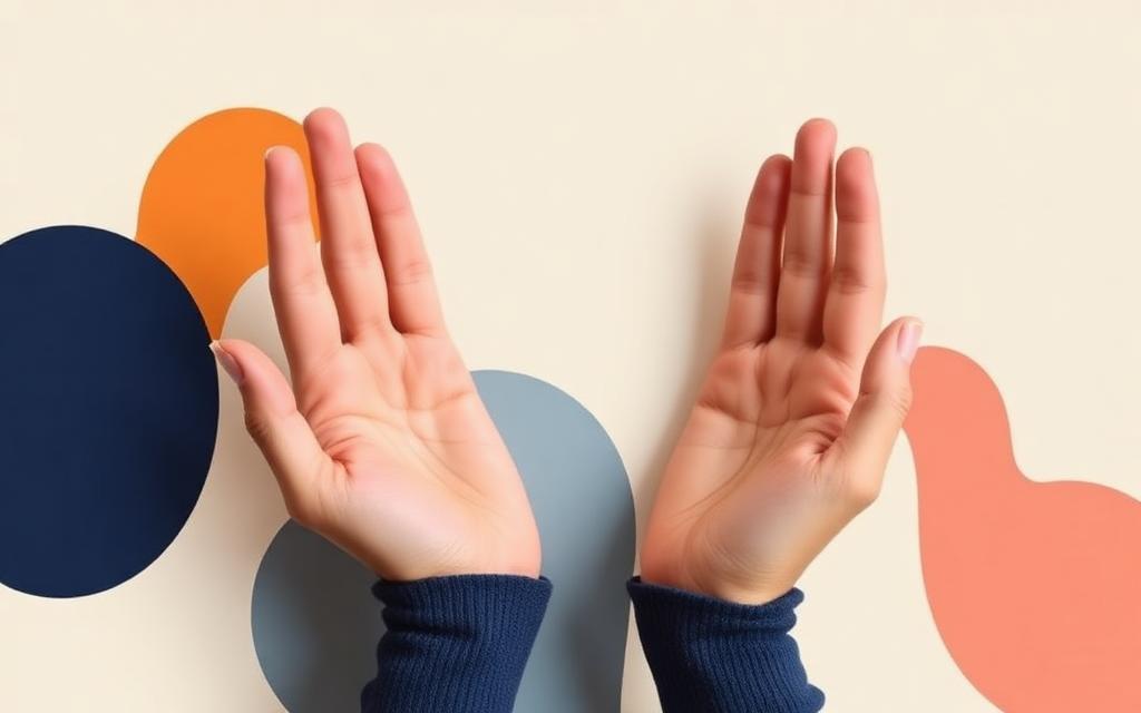 Mani aperte su sfondo crema con forme astratte nei colori FibroMental, simbolo di accettazione ACT