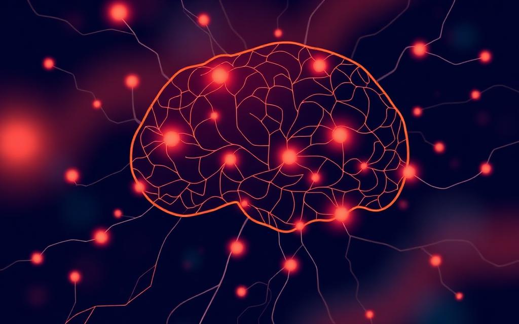 Cervello stilizzato con segnali luminosi, immagine editoriale sulla catastrofizzazione del dolore