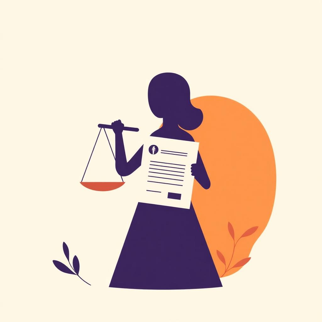 Illustrazione editoriale con silhouette di una donna che regge documenti medici e una bilancia della giustizia, simbolo del percorso di riconoscimento dell'invalidità per fibromialgia