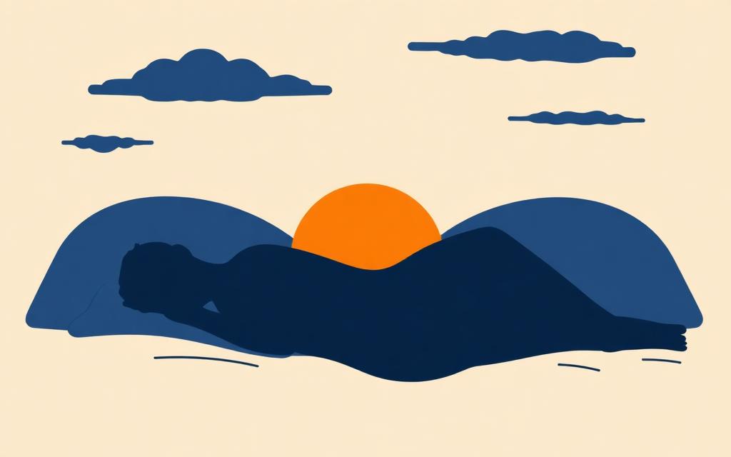 Persona che riposa su sfondo crema con sole arancione e forme blu, simbolo del sonno non riparatore nella fibromialgia