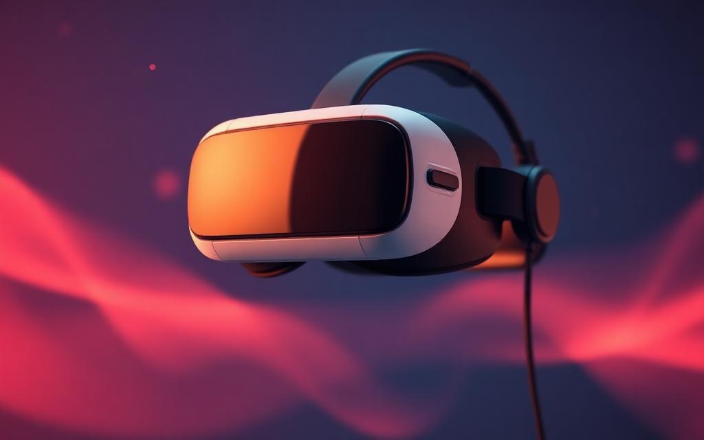 Visore di realtà virtuale in ambiente immersivo con luci rosa e arancio